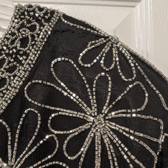 Papell Boutique Evening 100% Silk Black Fully Beaded Short Sleeve shirt Blouse L - Picture 6 of 14